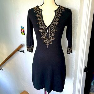 Central Park West Black and Gold Embellished Midi Dress